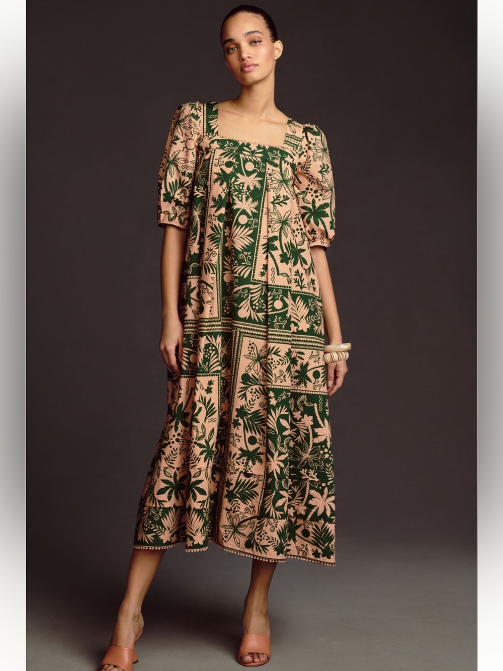 HUNTER BELL Printed Square-Neck Midi Dress Size XS